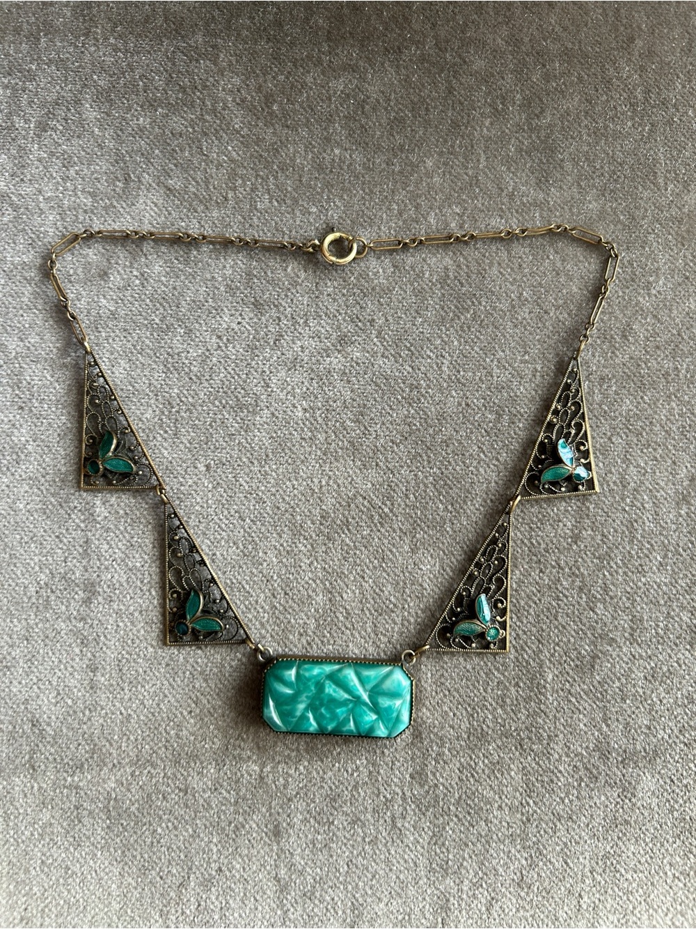 True Vintage Art Deco Filigree & enamel Necklace with Turquoise Resin Center